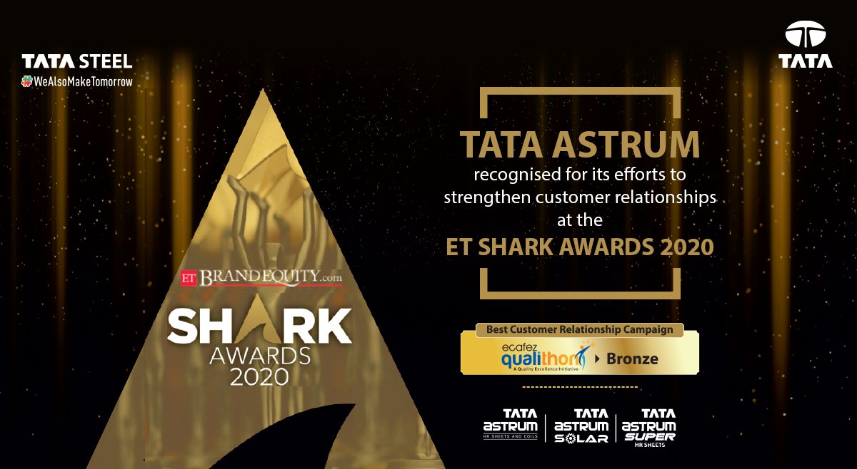 Tata Astrum, our brand of hot rolled steel products, has been recognised at the ET Shark Awards 2020 for its unique customer relationship campaign 'Ecafez Qualithon' to partner with the customers on their quality awareness journey.
#TataSteel #WeAlsoMakeTomorrow #TataAstrum https://t.co/LQ0TionxIs