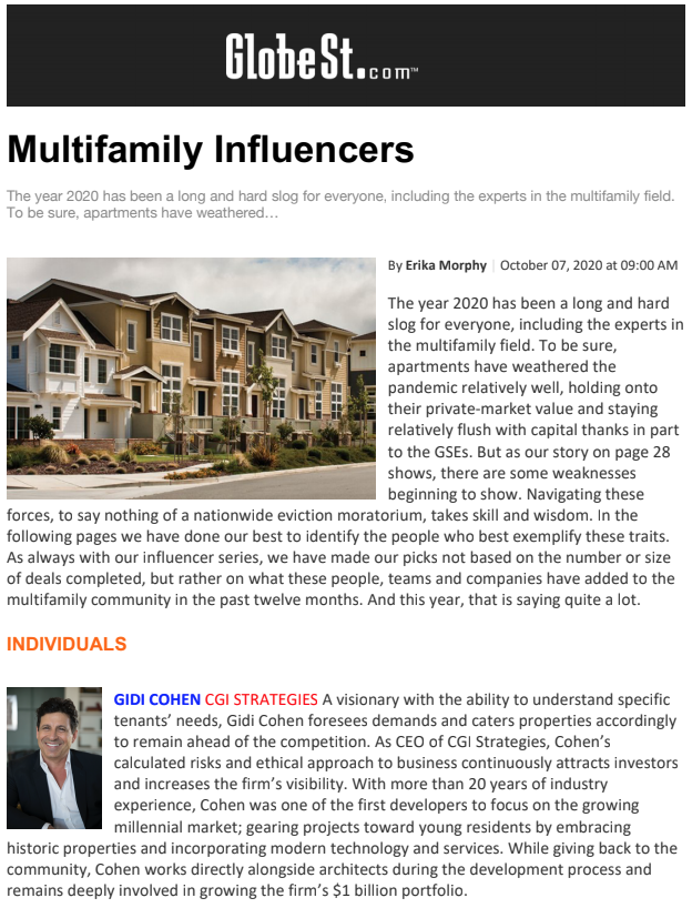 cohen_gidi's tweet photo. I am humbled and grateful to be able to share that @GlobeStcom has included me in the 2020 #Multifamily Influencer series. To stand alongside these exceptional multifamily #realestate professionals is an honor.

Read more here: https://t.co/hXviZYnSHO

#CGIstrategies https://t.co/XQdpwJ6YMp