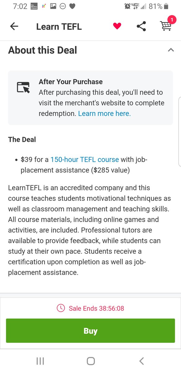  @Groupon has some amazing certification programs available that I had never heard of before. Online courses!This one is the one I am most excited about, and there are more than one TEFL and TESOL course available. This one is $39, but some are cheaper. https://www.groupon.com/deals/n-learn-tefl-150-hour-certification?utm_source=&utm_campaign=UserReferral_ma