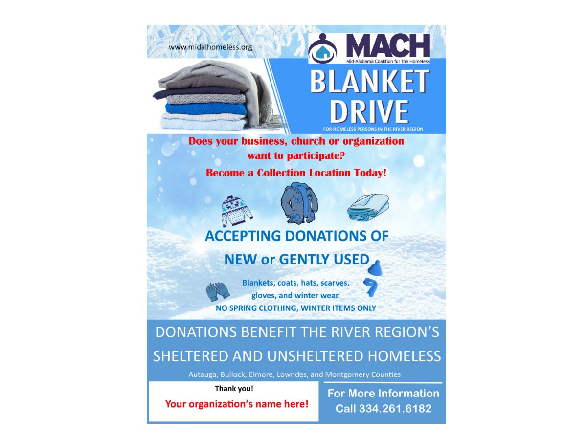 Help share the warmth with the River Region's homeless (sheltered and unsheltered) during the winter months.  Become a 2020 Blanket Drive collection location today.  Call 334.261.6182 or email debbie@midalhomeless.org today.  Thank you.