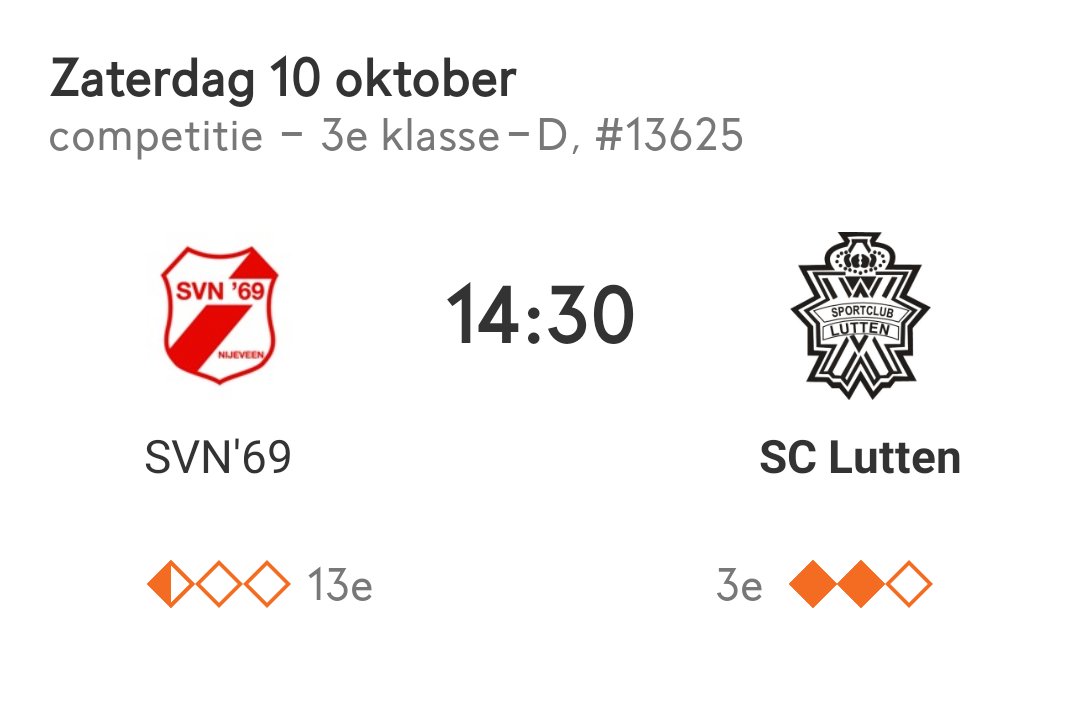 Next ➡️ SVN '69.
Altijd een lastige tegenstander voor ons zwart-witten.
Morgen op bezoek in Nijeveen. Live te volgen via de tweets van onze verslaggever ter plaatse, via <a href="/ForzaScLutten/">Lutten Sc</a> 🖤🤍