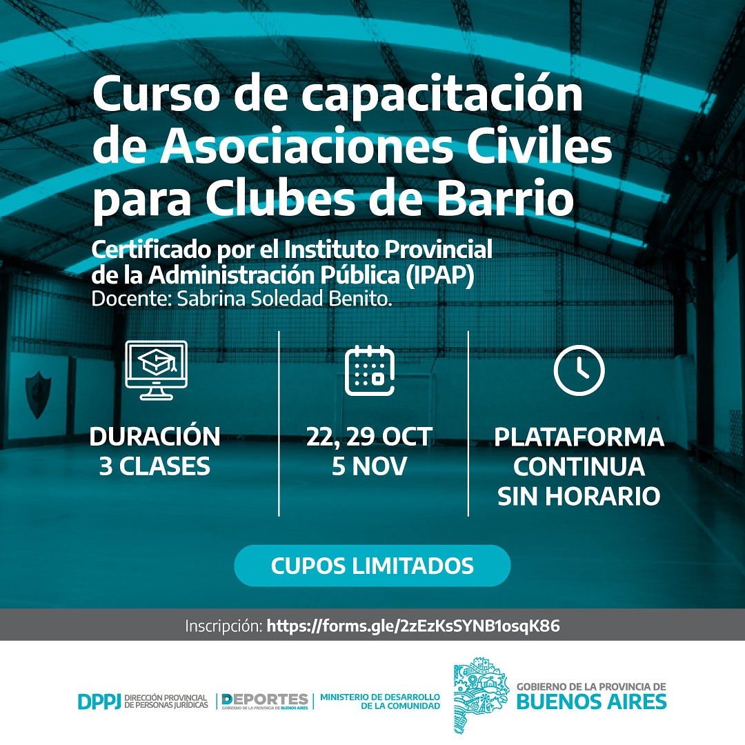 La Subsecretaría de Deportes, junto a la Dirección Provincial de Personas Jurídicas, invita al Curso de Capacitación de Asociaciones Civiles para Clubes de Barrio. 

Inscripción en: docs.google.com/forms/d/e/1FAI…