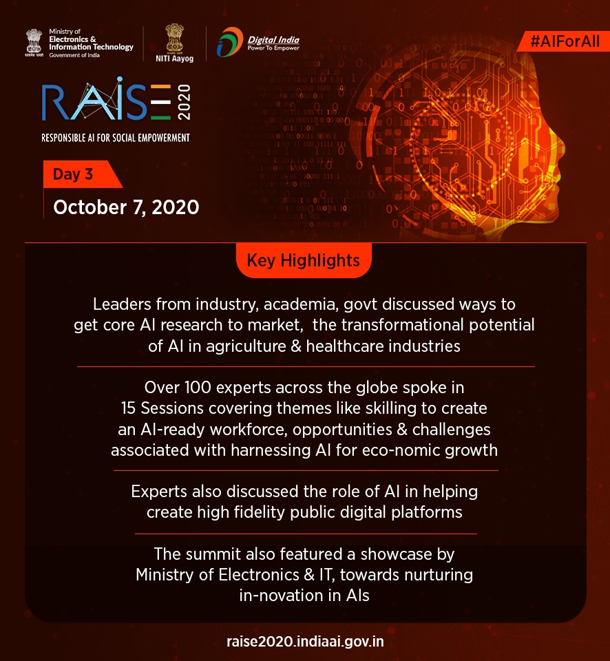 mygovindia's tweet photo. In case you missed, here are the key highlights from #RAISE2020 Global Virtual Summit Day 2 and 3. #AIForAll https://t.co/7EYXvYZR9j https://t.co/tdu7J3tYgR