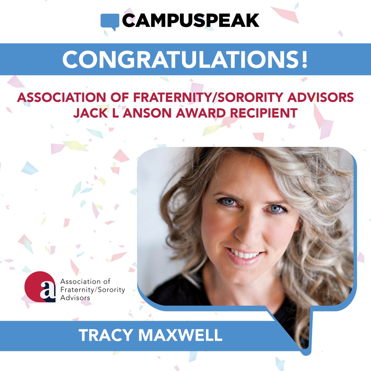 We would like to send our Congratulations to Tracy Maxwell for being named the 2020 recipient of the Association of Fraternity/Sorority Advisors Jack L Anson Award! We are so proud of you and grateful for your contributions to the field.