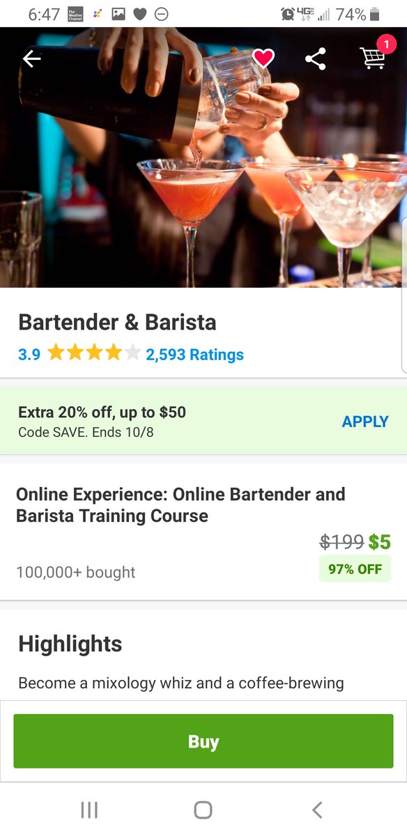 This is the course I got for bartending, but I saw a few other options as well. One of them, with the current sale, is only $3.50 (this one is $4 with the sale), but they all are less than $10 and bartending is not bad money if you can tolerate drunks. https://www.groupon.com/deals/n-bartender-barista-amarillo?utm_source=&utm_campaign=UserReferral_ma