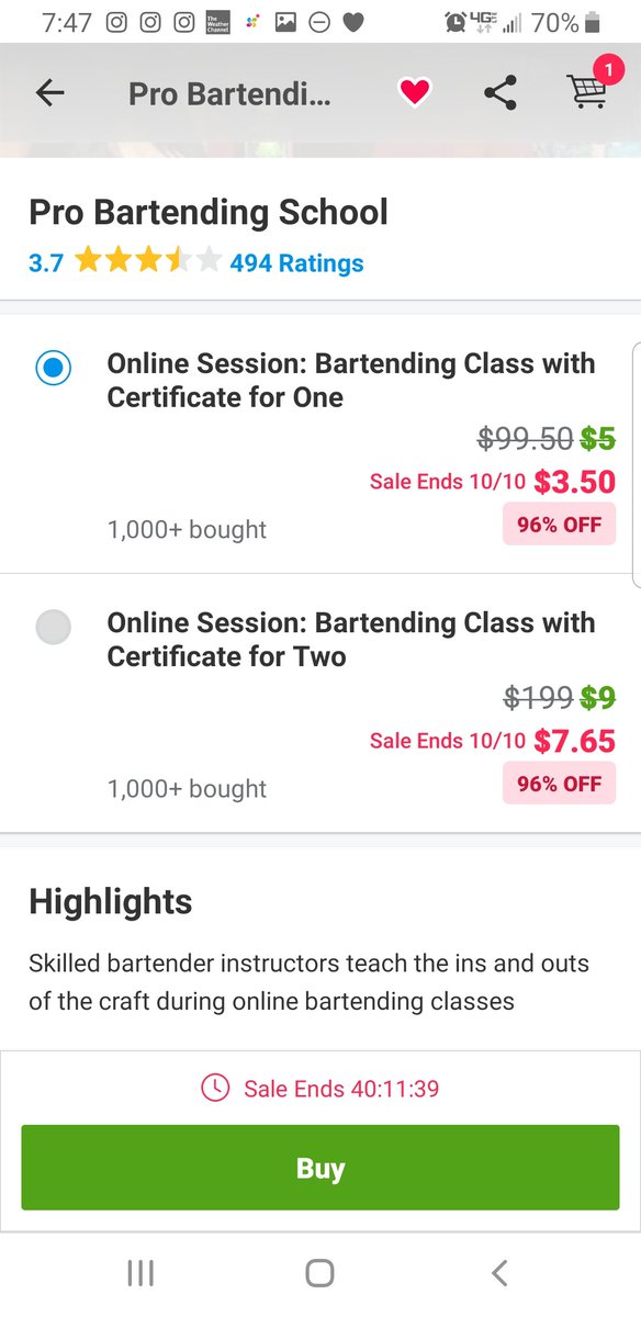 This bartending class will let you buy two classes at a time, like if you've got a friend and want to split it, which is a neat option. Just something to consider. I don't know everyone's situation but anything to help.