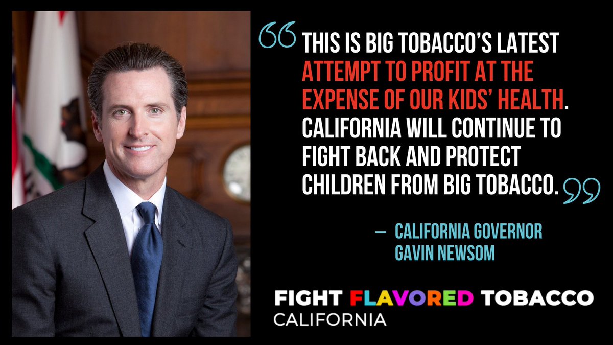 TobaccoFreeKids's tweet photo. In California, Big Tobacco looks to make $1.1 billion in menthol sales and hook 37,000 more kids on candy-flavored e-cigarettes by stalling the flavored tobacco ban overwhelmingly approved by the state legislature. They're shameless. We can't let them win. https://t.co/ZWSi0RUzf0 https://t.co/w2hLrGPP30