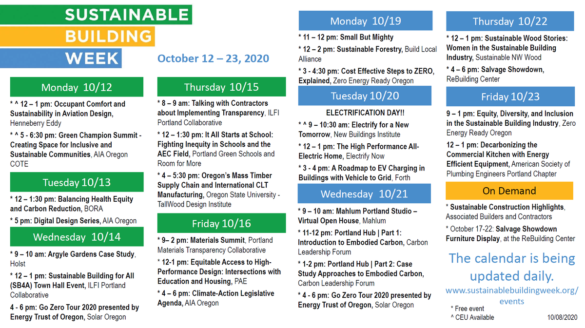 KeepPDXGreen's tweet photo. Updated #SBW2020 calendar. Which events are you attending? #portland #pdxarchitecture #portlandarchitecture #portlandconstruction #sustainability https://t.co/sXFvl47oLm