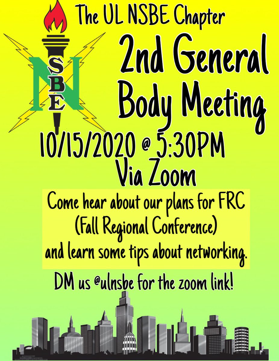 ulnsbe's tweet image. Hey Everyone! Join us October 15, 2020 at 5:30pm for our 2nd General Body Meeting. ✨ We will be talking about FRC (Fall Regional Conference) and giving tips on Networking! 
DM us @ulnsbe on Instagram for the zoom link! 
✨✨✨✨
#r5nsbe #ul20 #ul21 #ul22 #ul23 #ul24