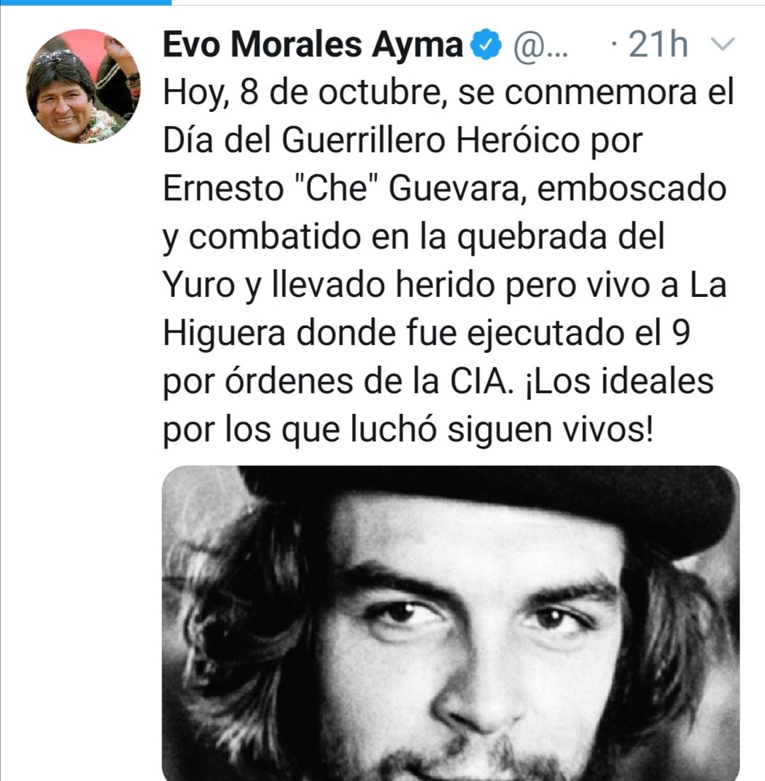 Afuera el Che es mito. Para #Bolivia fue un invasor extranjero. Evo deshonró a nuestros militares, obligándolos a corear slogan cubano. 
Lucharemos hasta que #CUBALIBRE pase de ser un pedido etílico, a un clamor que nazca del alma, sacuda el corazón y reverbere en toda AmerLat.