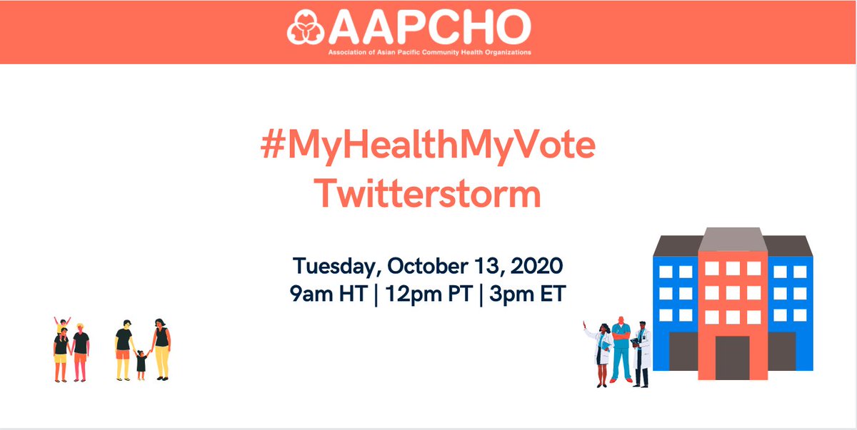Join us next Tuesday for the #MyHealthMyVote Twitterstorm! Let's get the convo started on Oct at 3 pm ET with #MyHealthMyVote and #CountOnCHCs. #AAPI2020

<a href="/AsianHealth818/">AsianHealthServices</a> <a href="/CBWCHC/">CBWCHC</a> <a href="/HOPECHC/">HOPE Clinic</a> <a href="/supportichs/">supportichs</a> <a href="/nemssf/">NEMS San Francisco</a> <a href="/OpSamahan/">Operation Samahan</a> <a href="/wcchchi/">WCCHC</a> <a href="/waimanalohealth/">WHC</a> <a href="/westhawaiichc/">West Hawaii CHC</a> <a href="/KKVCensus2020/">Kōkua Kalihi Valley Census Outreach Campaign 2020</a>