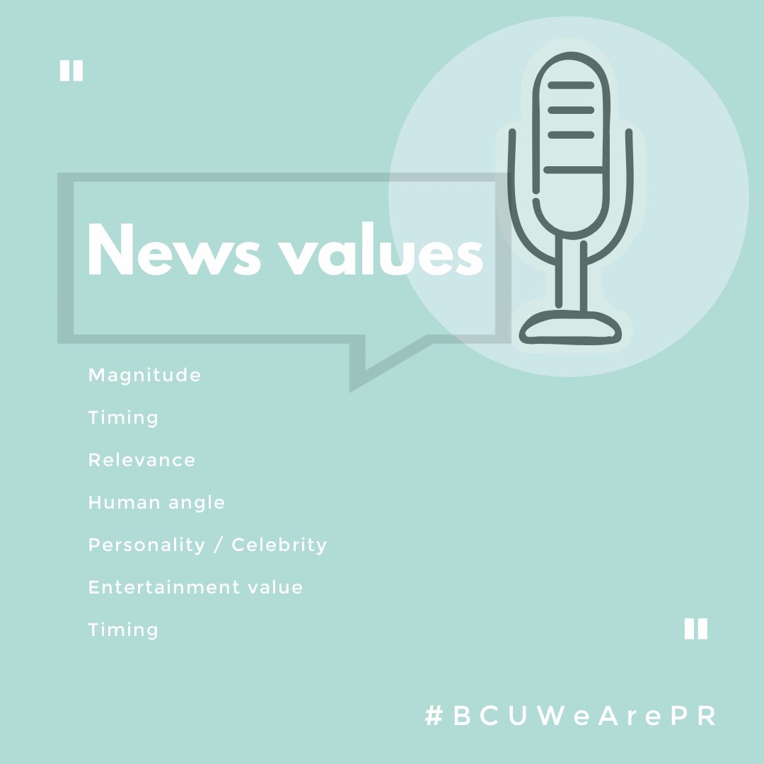 Every PR person has to know what makes a good news story. If you know what drives the media agenda and what journalists are looking for, you can tailor your PR story, content and pitch to have a much higher chance of success.

#bcumedia #bcuwearepr #mediarelations #newsvalues