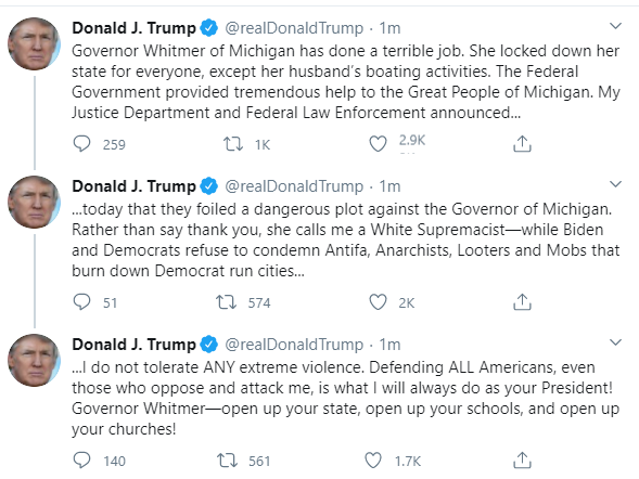 HillaryClinton's tweet photo. Here, the president blames a sitting governor for an attempted plot against her while newly attacking her himself. 

If he can't say anything that defends public officials against domestic terrorists, he should say nothing at all. https://t.co/hhNh1oTtr0