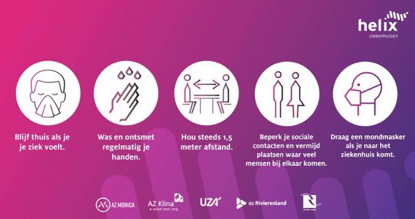 Bescherm jezelf en zo ook elkaar! Samen met onze partnerziekenhuizen <a href="/UZAnieuws/">UZA</a>, <a href="/AZKlina/">AZKlina</a>,  <a href="/AZRivierenland/">AZ Rivierenland</a> en <a href="/sintjozefmalle/">azsintjozef</a> blijven we de maatregelen herhalen. Help jij ons een handje? Want zo gaan we samen de verspreiding van het coronavirus tegen.
