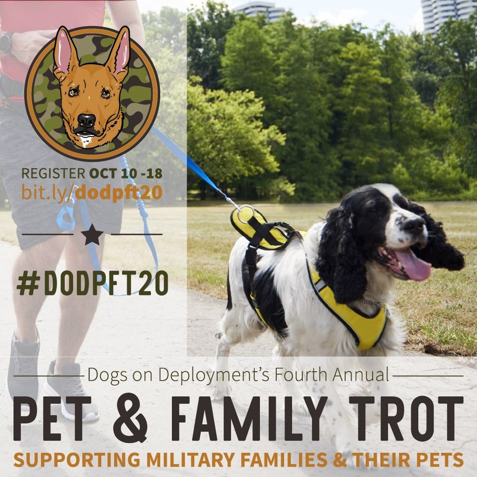 DogsonDeploymnt's tweet photo. REGISTRATION OPENS FOR OUR 4th ANNUAL PET &amp; FAMILY TROT TOMORROW 10/20/20!   Learn more at https://t.co/GVyXxpEGO0
#dogsondeployment #dodpft20 #virtual5k #virtualwalk #virtualevents #5ktraining #5krun  #runforacause #runwithdogs #heroes #americasheroes #military #militaryrun https://t.co/SsLMQtXaEb
