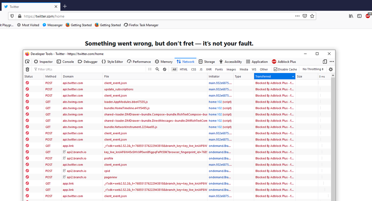 phpPoet's tweet image. this is with @AdblockPlus on. When I turn it off, everything works (as proven by me posting this screenshot taken before I turned it off)