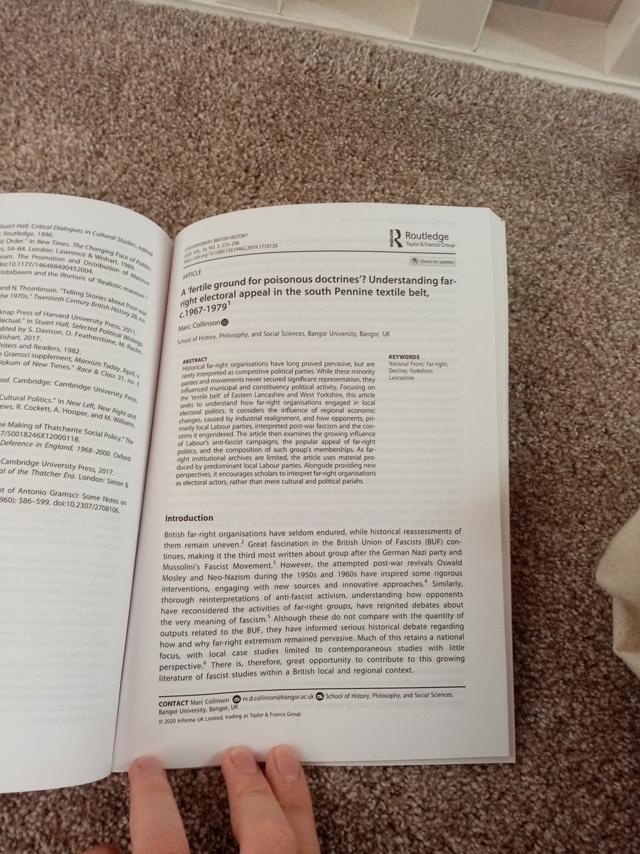 Great to finally pick up my copy of @CBHJournal contain my article on north-western electoral politics, 'decline', and extreme politics from the University post room! doi.org/10.1080/136194…