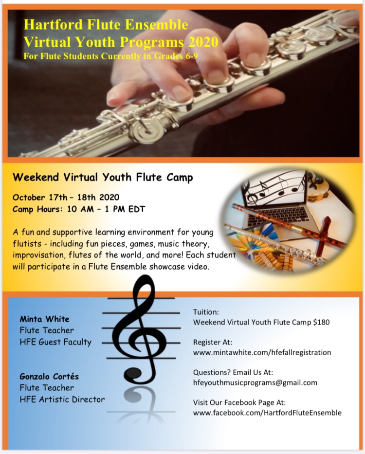 For flute students grades 6-9:  Register now for the HFE Weekend Virtual Youth Flute Camp!   mintawhite.com/hfefallregistr…