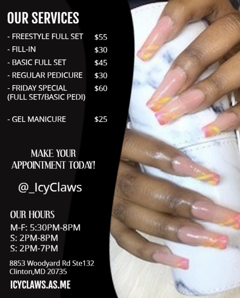 _ronnese's tweet image. Official Services &amp;amp; Pricing‼️
Follow my nail page on insta: @_icyclaws
icyclaws.as.me
.
.
.
.
#mdnails #dcnails #vanails #marylandnails #virginianails  #nailtech #mdnailtech #dcnailtech #marylandnailtech #dmvnailtech #dmvnails #blacknailtech  #valentinobeautypure