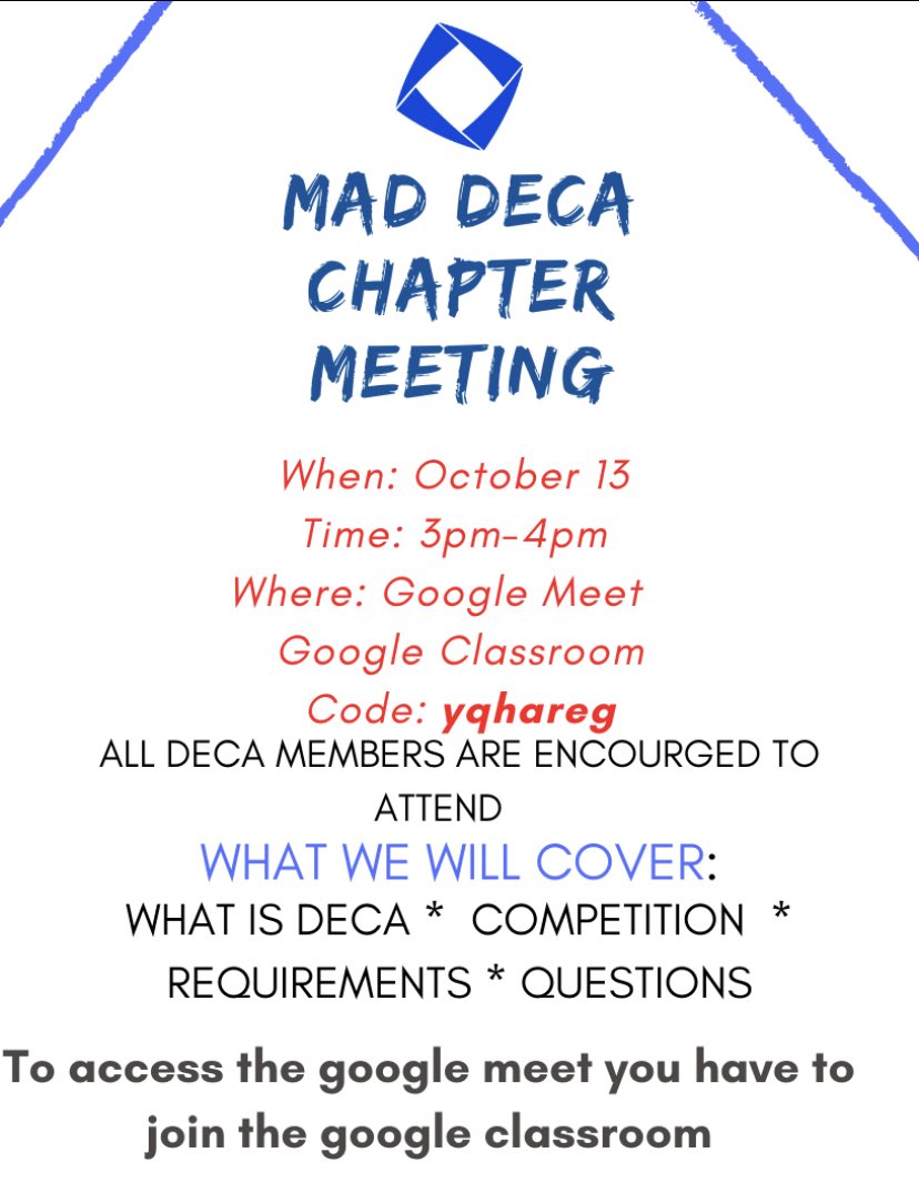 WE ARE BACK!!! Join the 2020-21 DECA google classroom and on Wednesday we will have our FIRST 2020 CHAPTER MEETING!! Tell you MAD DECA friends!!