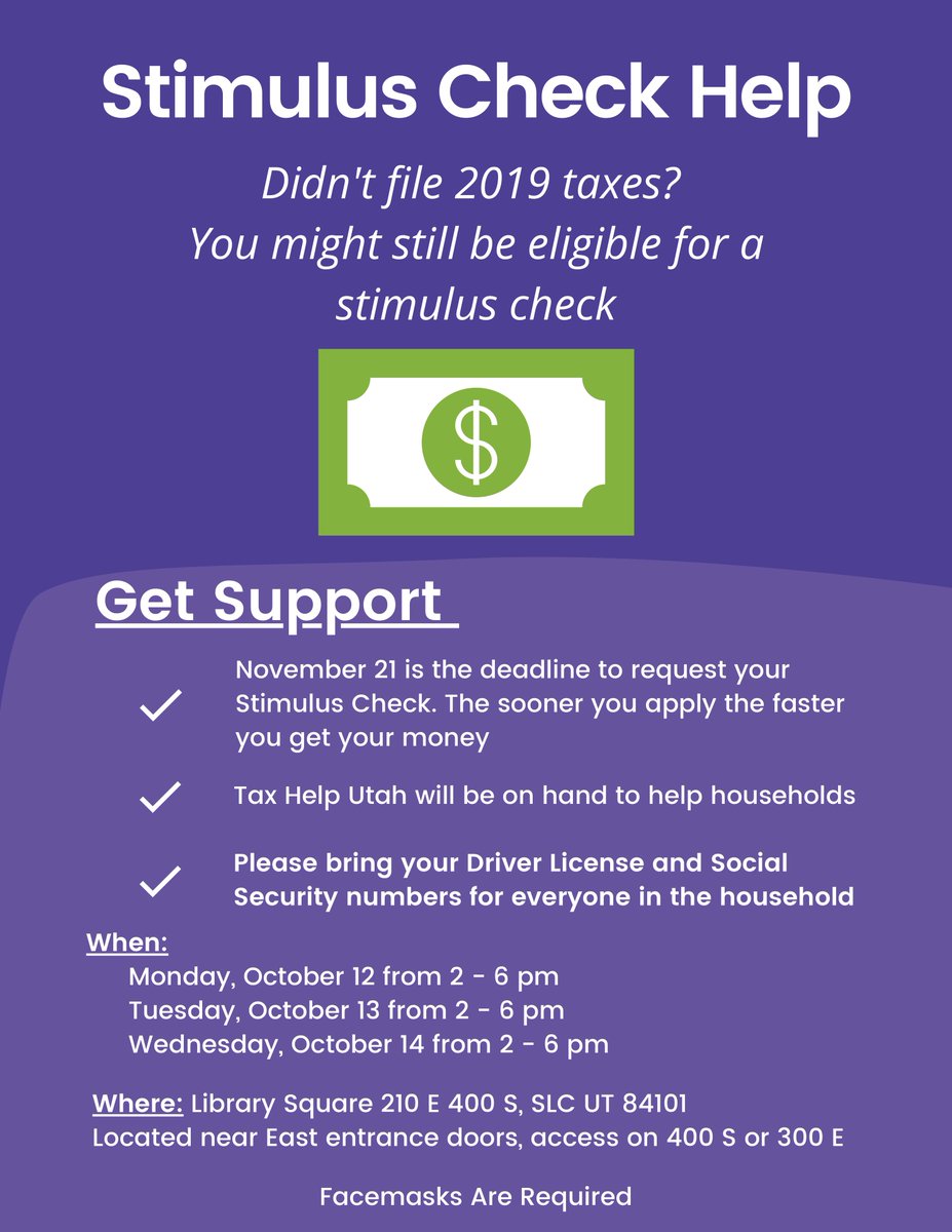 Salt Lake City, Tax Help Utah, Salt Lake County and Utahns Against Hunger are teaming up to provide support to households who haven’t received their Economic Impact Payment/Stimulus Check yet. The IRS recently extended the deadline to receive this payment to Sat, Nov 21st.