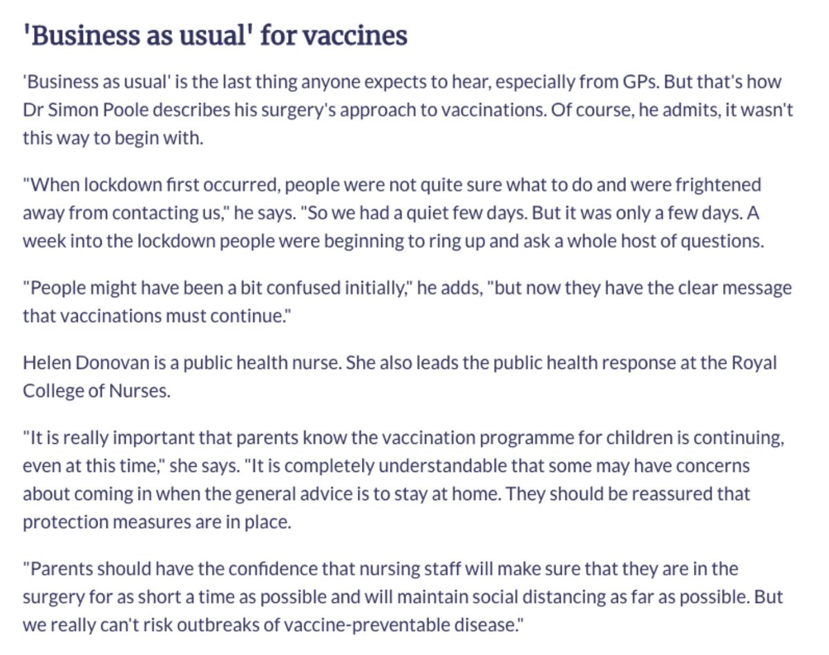 More from the UK"It is really important that parents know the vaccination programme for children is continuing, even at this time," she says."  https://patient.info/news-and-features/can-i-have-routine-vaccinations-under-lockdown