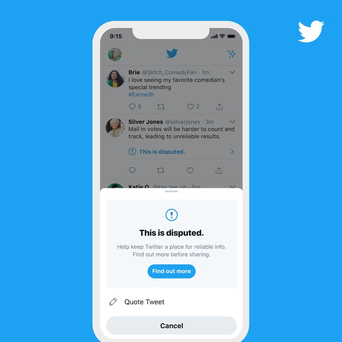 The app version of a misleading information prompt that highlights that the Tweet is disputed. The label’s headline reads “This is disputed” and below that a description that reads “Help keep Twitter a place for reliable info. Find out more before sharing,” a “Find out more” button, and the option to Quote Tweet.