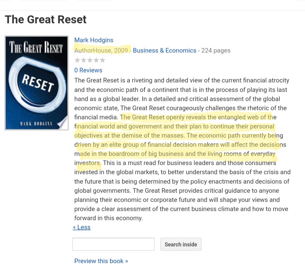 12) Read what Mark Hodgins said of the Great Reset in his 2009 book of the same title."The Great Reset openly reveals the tangled web of the financial world and government and their plan to continue their personal objectives at the demise of the masses."