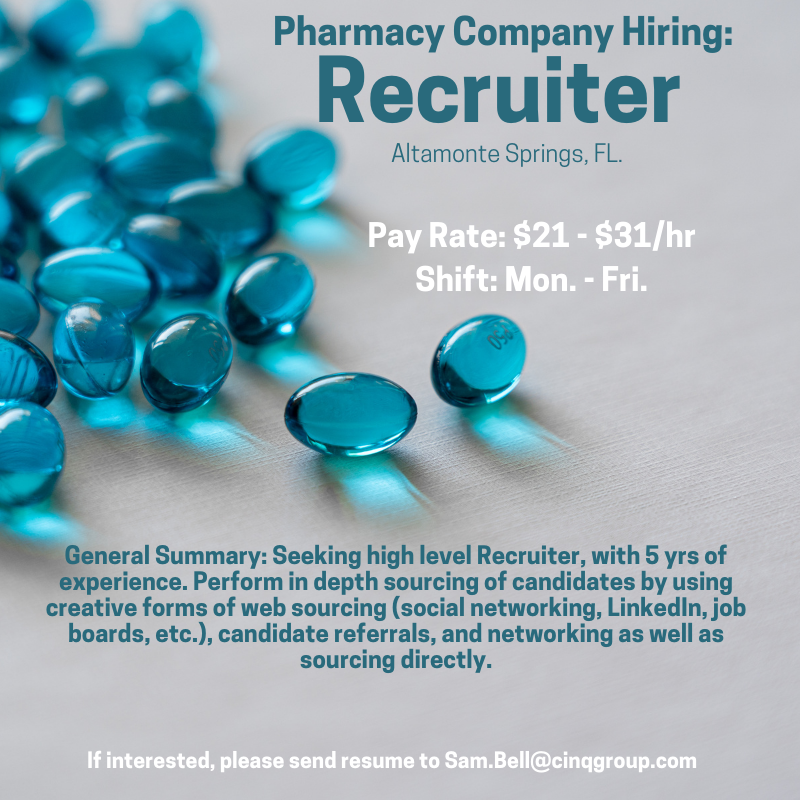 #NewJobAlert Pharmacy Company seeking high level #Recruiter #ThinkCiNQ #OrlandoJobs #employment #staffingsolutions #explorepage send resume to Sam.Bell@cinqgroup.com