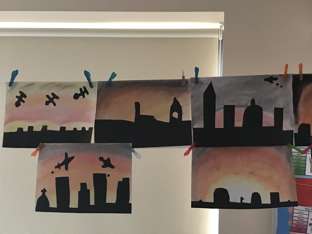 6D showed off their artistic skills with pastel and paper silhouettes of the Blitz. Stunning. #GFDOESART #YEAR6 #artmeetshistory