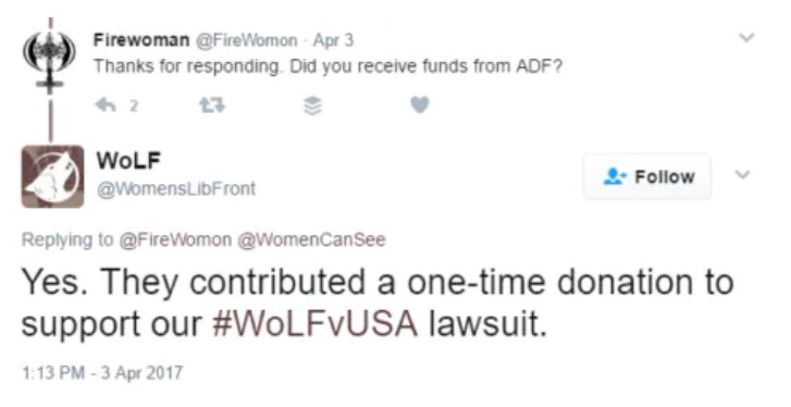 4/ In 2016 WoLF Board member Kara Dansky applied for and received a $15,000 grant from the Alliance Defending Freedom. See link: WoLF informing its members of ADF's funding:  https://trackingtheactionsofwolf.wordpress.com/2019/12/22/wolf-email-adf-funding-11-05-2016/