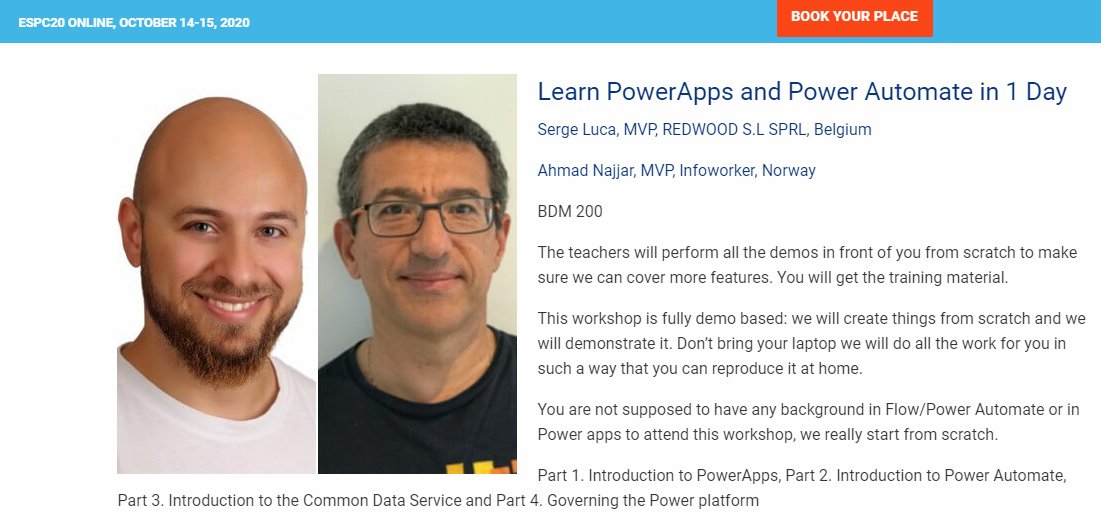 sergeluca's tweet photo. So happy to teach a #powerplatform tutorial with my friend @ahmadn82 for the 3rd time in a row at #espc2020 #espc #powerautomate #powerapps. it looks like this year again we will have biggest (virtual) room @EuropeanSP https://t.co/v8BsJDbDfC