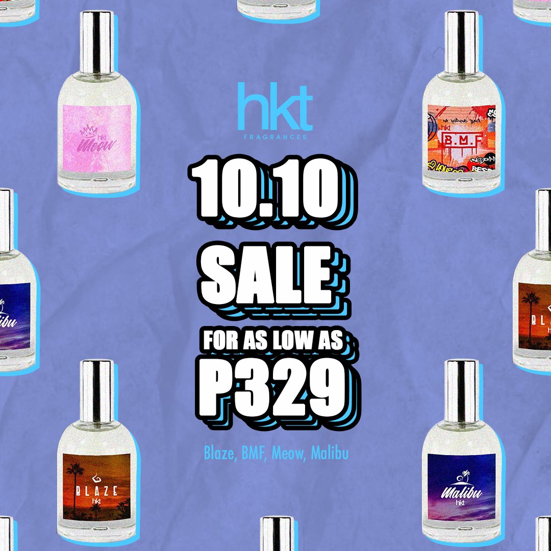 Hey HKT Squad! Replenish your stocks, make sure your cart is complete with your all time fave and new selection of scents from #hktfragrances ENJOY AS LOW AS Php 199.00 this 10.10 from Shopee and Lazada 🥳 #timetogetHooKT