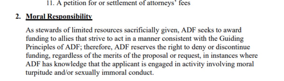 5/ Alliance Defending Freedom has strict conditions attached for grantees to receive funding. One is that they uphold ADF's 'values'. Three core values (see pics): 'Religious liberty, sanctity of human life, defense of marriage & family'. IE: Anti abortion/anti LGBT rights.