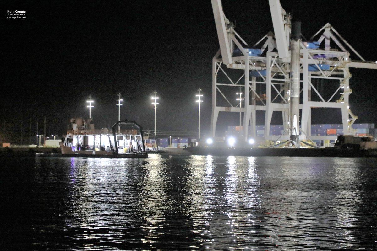 ken_kremer's tweet photo. Nighttime views just arrived/berthed 3x recovered/landed #Falcon9 atop #OCISLY droneship last night Oct 8 + #GOSearcher sails by w #SpaceX Crew Dragon test article on deck https://t.co/8G2K35XP8R