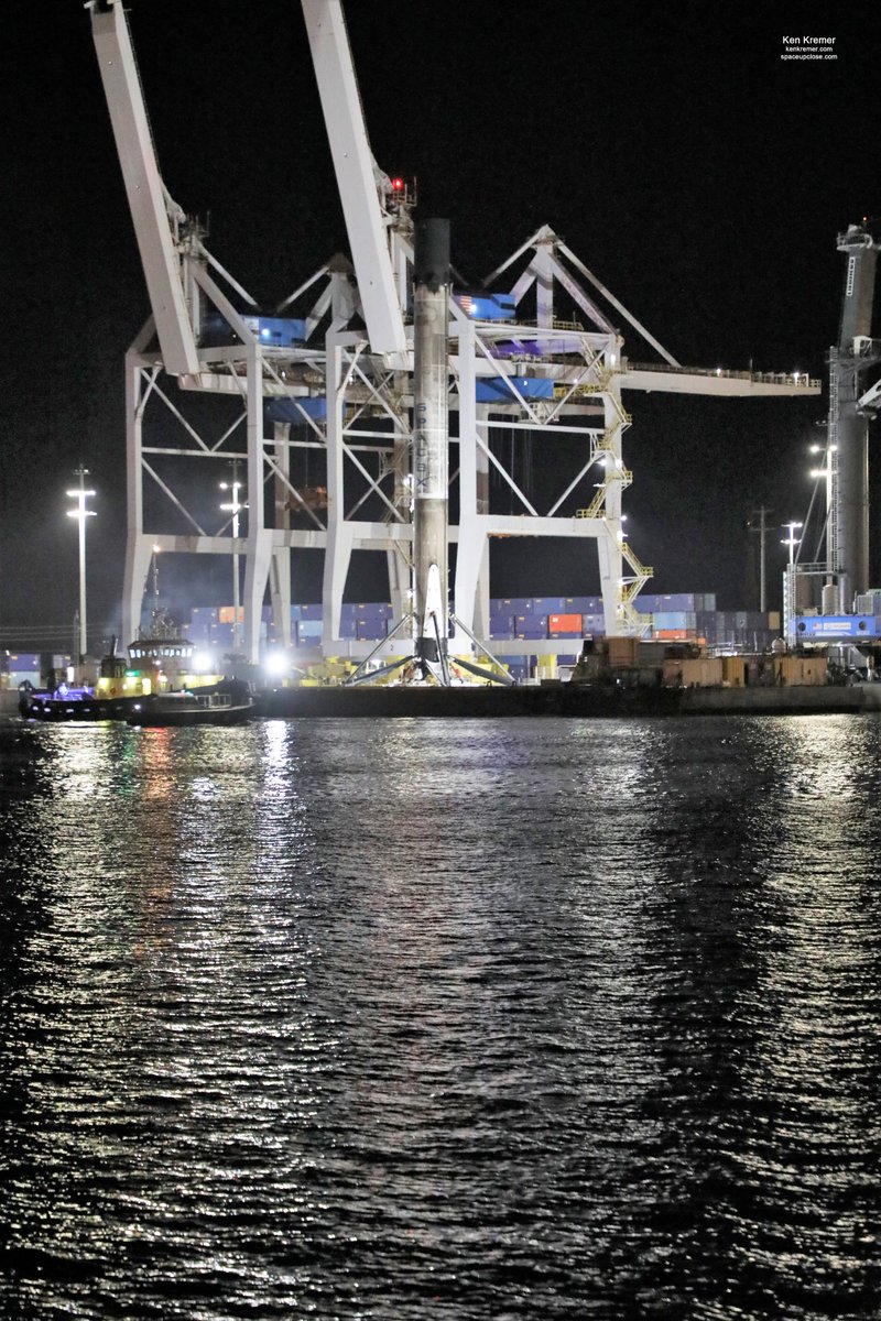 ken_kremer's tweet photo. Nighttime views just arrived/berthed 3x recovered/landed #Falcon9 atop #OCISLY droneship last night Oct 8 + #GOSearcher sails by w #SpaceX Crew Dragon test article on deck https://t.co/8G2K35XP8R