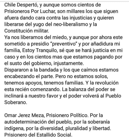 Coordinadora18O's tweet image. Dejamos aquí el testimonio de Omar Jerez Mesa detenido el 7 de noviembre en medio del estallido social. 
Solidarizamos con todxs quienes hoy se encuentren privados de libertad por luchar. 
¡Que solidaridad se extienda en todos los territorios! 
🔥✊