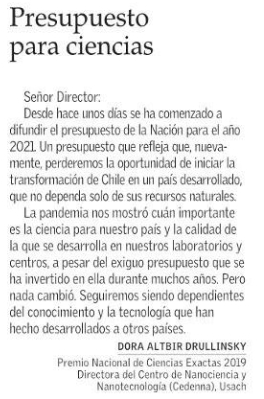 Hoy en la sección Cartas al Director de El Mercurio, nuestra directora, la Dra. Dora Altbir, da su opinión sobre el Presupuesto de Ciencias para el año 2021.