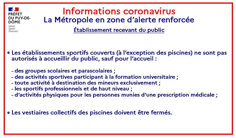Le #PuydeDôme est maintenu en zone d’alerte, mais <a href="/ClrmntMetropole/">clermontmetropole</a>  passe en alerte renforcée. Le Préfet a pris plusieurs mesures pour endiguer la propagation du virus en concertation avec l'<a href="/ARS_ARA_SANTE/">ARS Auvergne-Rhône-Alpes</a> et <a href="/olivierbianchi1/">Olivier Bianchi</a>.

Toutes les mesures prises 👇👇