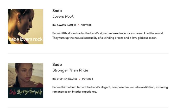 gonzomike's tweet photo. Props to the great job @pitchfork has done celebrating #SadeDay featuring reviews by @clovito, @naima, @clickclaimprize and Rawiya Kameir. @senari @jeremydlarson https://t.co/4CTToemB4Y https://t.co/IyFXxPBLqy