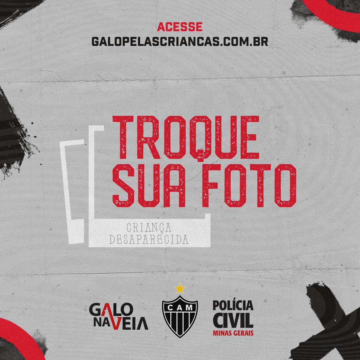 Quem torce pro #Galo troca sua foto de perfil pela de uma criança desaparecida neste #DiaDasCrianças.

Ajude mais famílias voltarem a sorrir. Temos orgulho pelo time que temos e pelas causas que apoiamos!

Escolha uma criança e troque sua foto ➡️ galopelascriancas.com.br