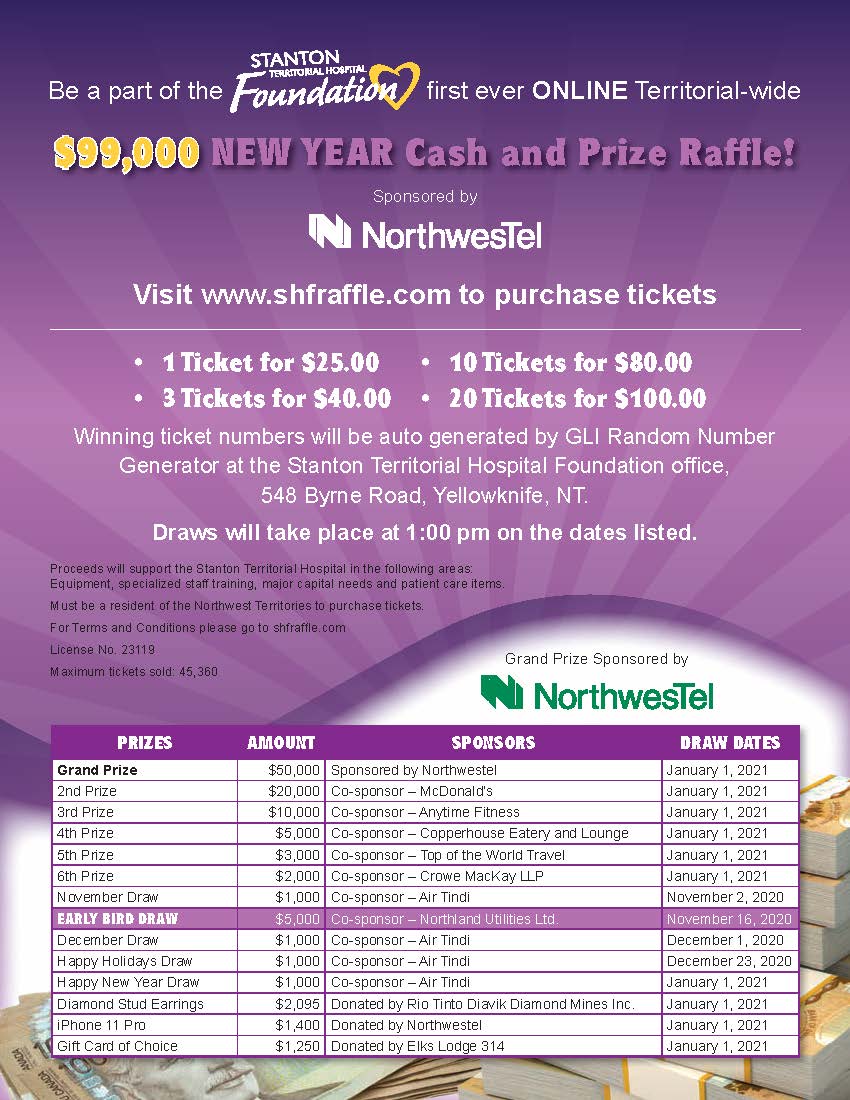 sthfoundation's tweet image. The Stanton Territorial Hospital Foundation is excited for it's 2020 fundraising event.  This year we have an online, Territorial wide $99,000.00 Cash &amp;amp; Prize Raffle! 

shfraffle.com to purchase your tickets today! 💛 

#NWT
#YZF
#hospital 
#donate 
#fundraising