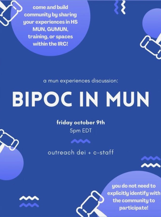 GeorgetownIRC's tweet image. Join us tonight to discuss the experiences of BIPOC in MUN spaces! zoom link: bit.ly/irczoom