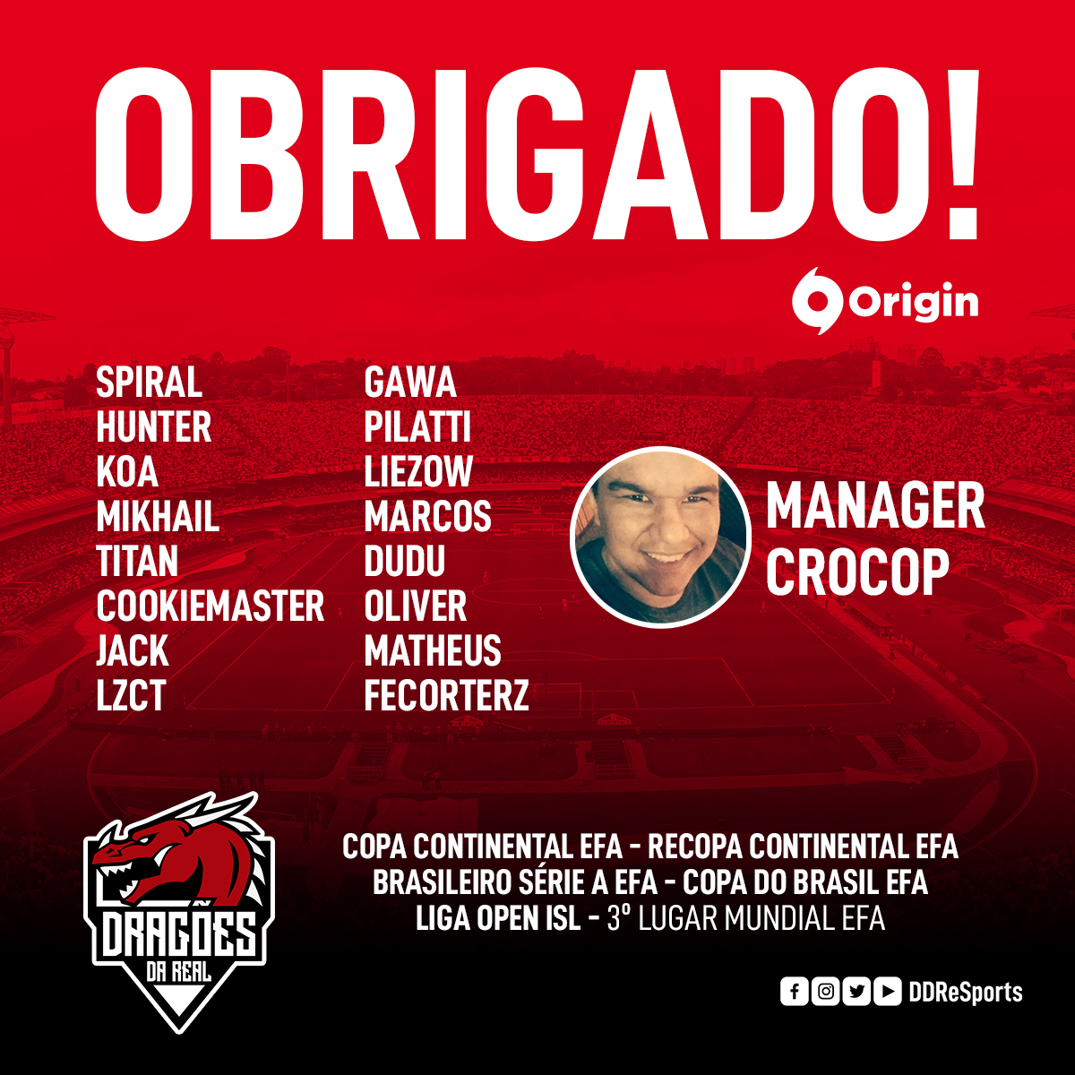 DDReSports's tweet photo. OBRIGADO!

Agradecemos ao Manager Thiago Crocop e todo o elenco do #PC pela belíssima temporada que fizeram.

O elenco conquistou 5 títulos!

Desejamos sorte para os players e que continuem escrevendo o nome de todos na história do #ProClubs.

#DDRéArte https://t.co/Pzn5eIB45u