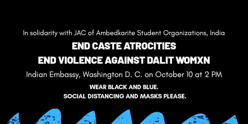 APIresistance's tweet image. Protest to end caste violence + atrocities against Dalit women TOMORROW @ 2pm ET outside the Indian Embassy. Wear black &amp;amp; blue, your mask &amp;amp; maintain physical distance

More deets:
facebook.com/events/2839950…