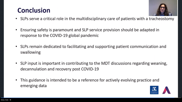 2/  @CharissaZaga presenting the SLP guidance for tracheostomy management during COVID-19. Highlighting the need for ongoing data collection and need for guidance to evolve #ESSD2020 @_ESSD_