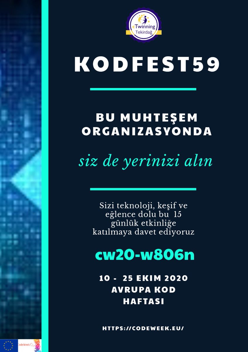 Would you like to attend our activity during #EUCodeWeek 10-25 October 2020?
10-25 Ekim 2020 tarihlerindeki #AvrupaKodHaftası etkinliğimize katılmak ister misiniz?
@edchatTR @EdChatEU @T4EduC @aks_awards @TeacherPrize @VarkeyFdn @FFBteachers @TeachersPLN @eTwinningEurope