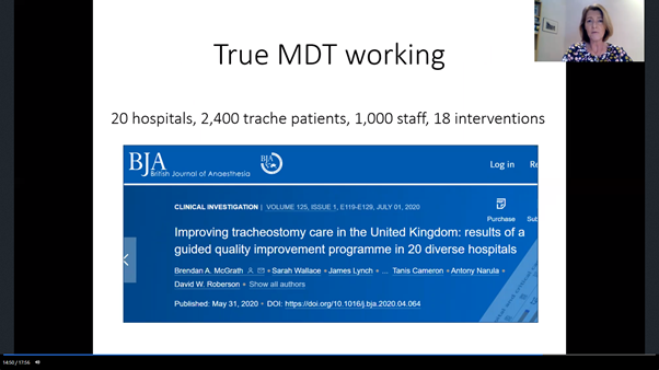 3/  @sarahwallaceslt discussing safe + effective tracheostomy decannulation. Stressing importance of SLT input in the decannulation process as an integrated member of the MDT + presenting the amazing outcomes from the Improving Tracheostomy Care project. #ESSD2020 @_ESSD_