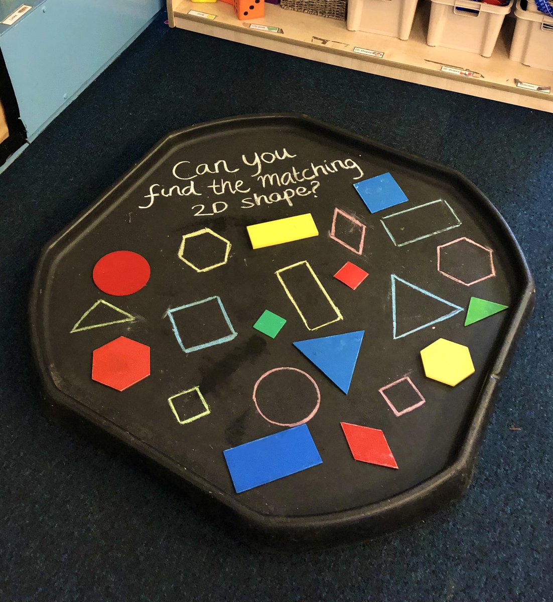 Hope Reception are excited to do this matching game in the maths area next week! Some basic 2D shapes, combined with chalk outlines to really consolidate our shape learning from this week! 💛#EYFS #reception #maths #earlyyears #provision #independentlearning
