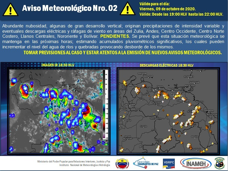 #9Oct #INAMEHInforma Aviso Meteorológico Nro. 02 #Reporte 18:43 HLV <a href="/tutiempopereira/">Jose Ramon Pereira</a> <a href="/NestorLReverol/">Néstor Reverol</a> <a href="/NicolasMaduro/">Nicolás Maduro</a> <a href="/MIJPVenezuela_/">MPPRIJP</a> #LeyConstitucionalAntibloqueo